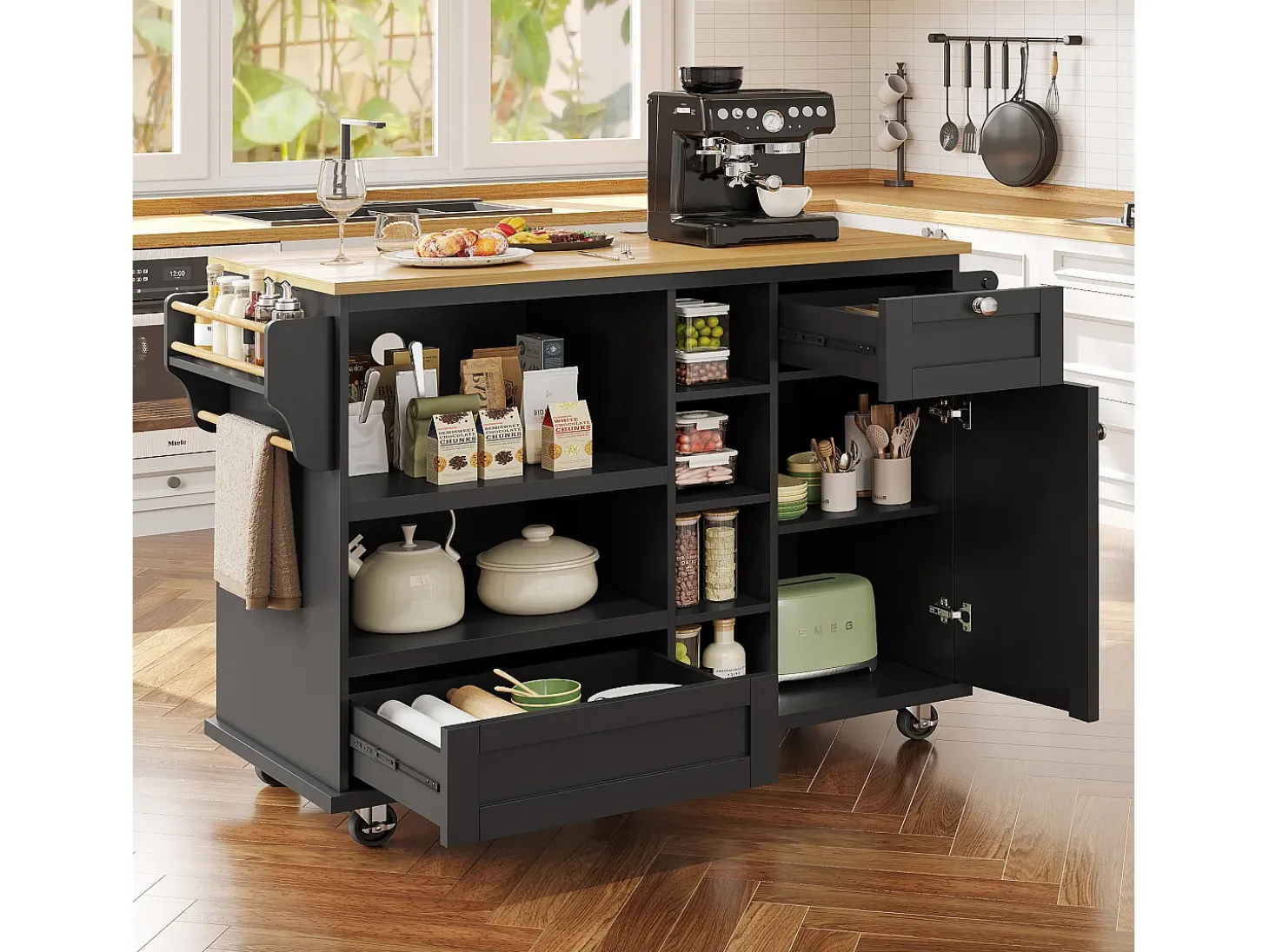 Carrito de cocina móvil moderno, negro, con cajones y armarios, superficie de madera clara (129x46x92 cm)