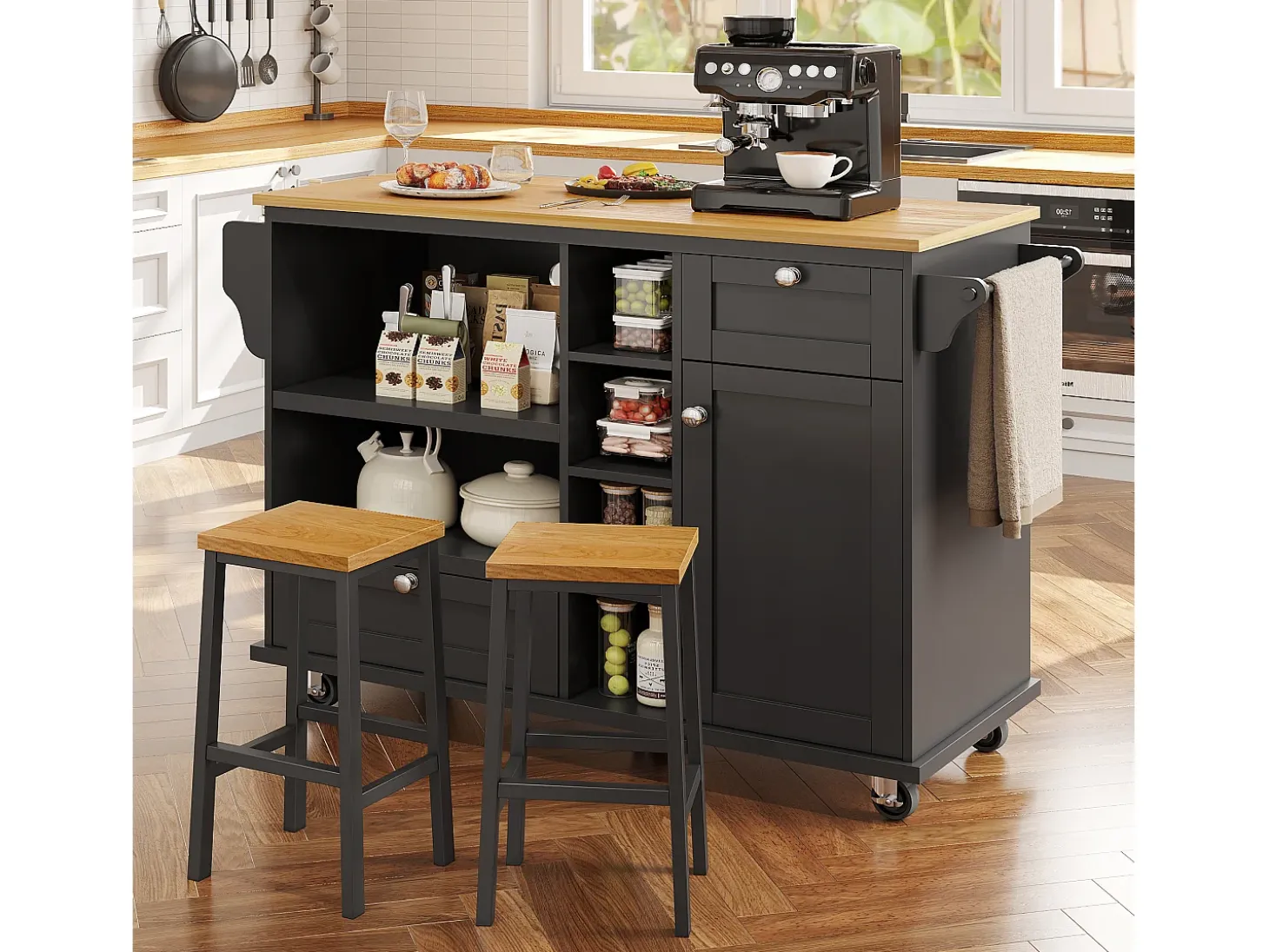 Carrito de cocina móvil moderno, negro, con cajones y armarios, superficie de madera clara (129x46x92 cm)