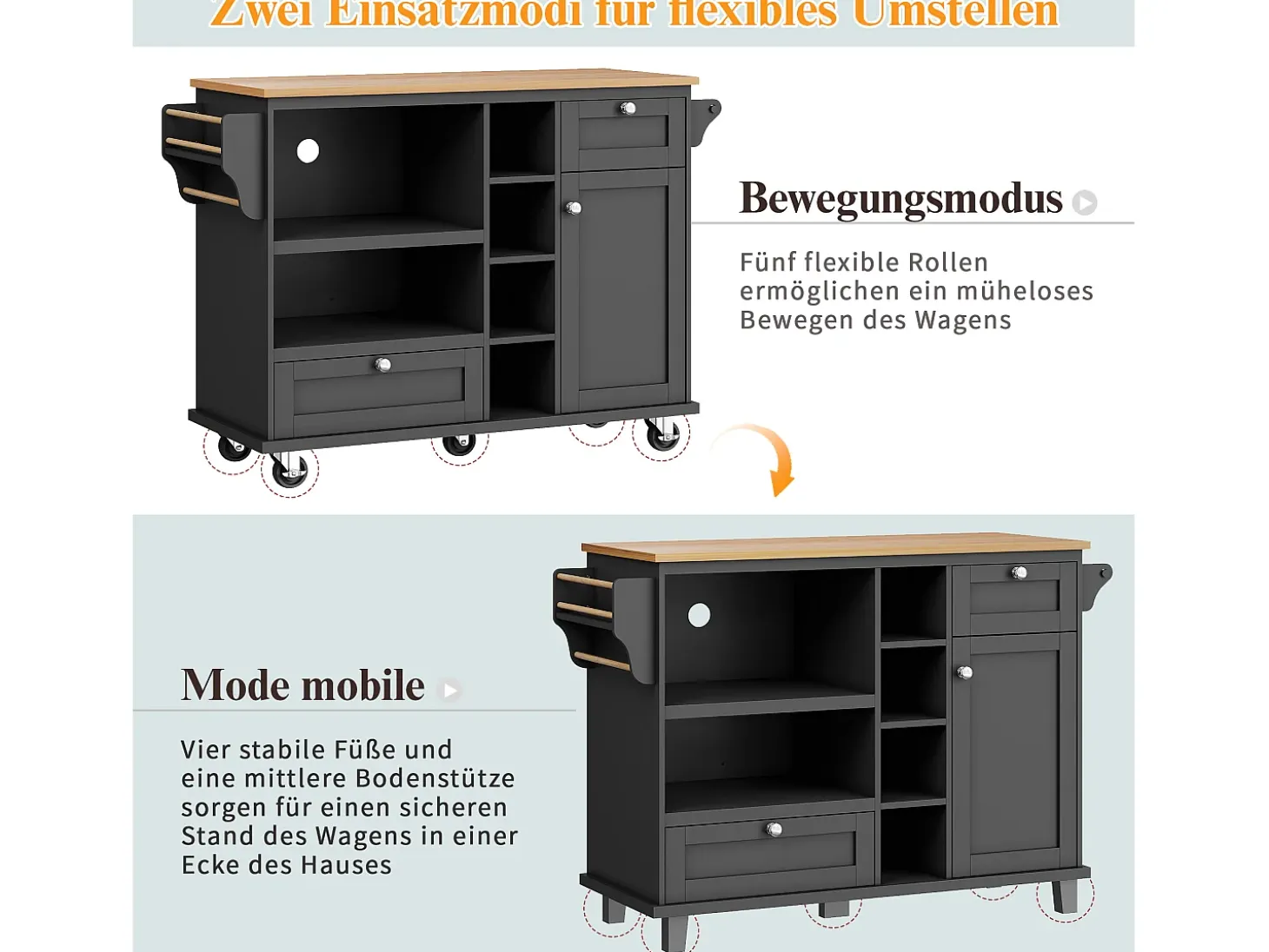 Carrito de cocina móvil moderno, negro, con cajones y armarios, superficie de madera clara (129x46x92 cm)