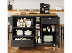 Carrito de cocina móvil moderno, negro, con cajones y armarios, superficie de madera clara (129x46x92 cm)