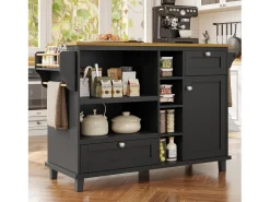 Carrito de cocina móvil moderno, negro, con cajones y armarios, superficie de madera clara (129x46x92 cm)