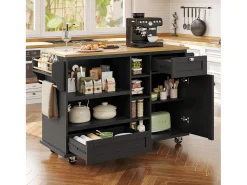 Carrito de cocina móvil negro moderno y sencillo con estantes y cajones, encimera de madera clara (129 x 46 x 92 cm)