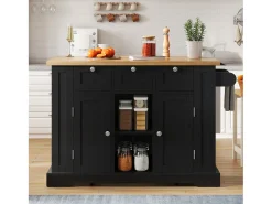 Carrito de cocina negro - Isla de cocina con 2 puertas y 3 cajones - Especiero y 5 ruedas - para cocina y comedor