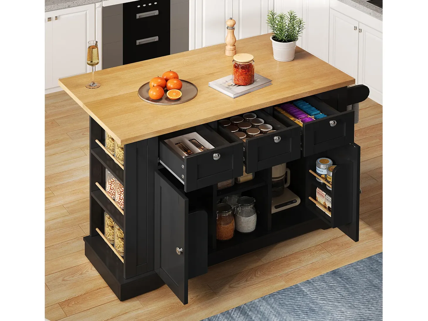 Carrito de cocina negro - Isla de cocina con 2 puertas y 3 cajones - Especiero y 5 ruedas - para cocina y comedor