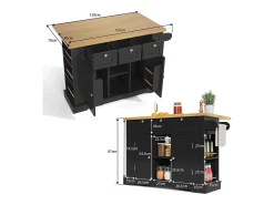 Carrito de cocina negro - Isla de cocina con 2 puertas y 3 cajones - Especiero y 5 ruedas - para cocina y comedor