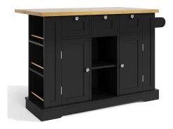 Carrito de cocina negro - Isla de cocina con 2 puertas y 3 cajones - Especiero y 5 ruedas - para cocina y comedor