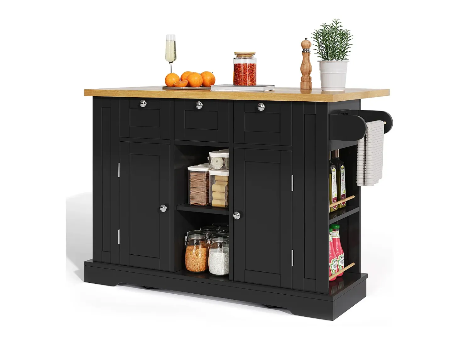 Carrito de cocina negro - Isla de cocina con 2 puertas y 3 cajones - Especiero y 5 ruedas - para cocina y comedor