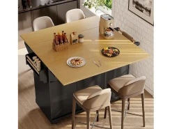 Carrito de cocina negro con tapa abatible - Isla central con 2 puertas y 3 cajones - Toallero y especiero