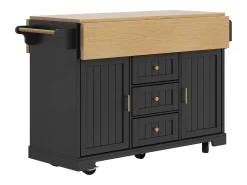 Carrito de cocina negro con tapa abatible - Isla central con 2 puertas y 3 cajones - Toallero y especiero