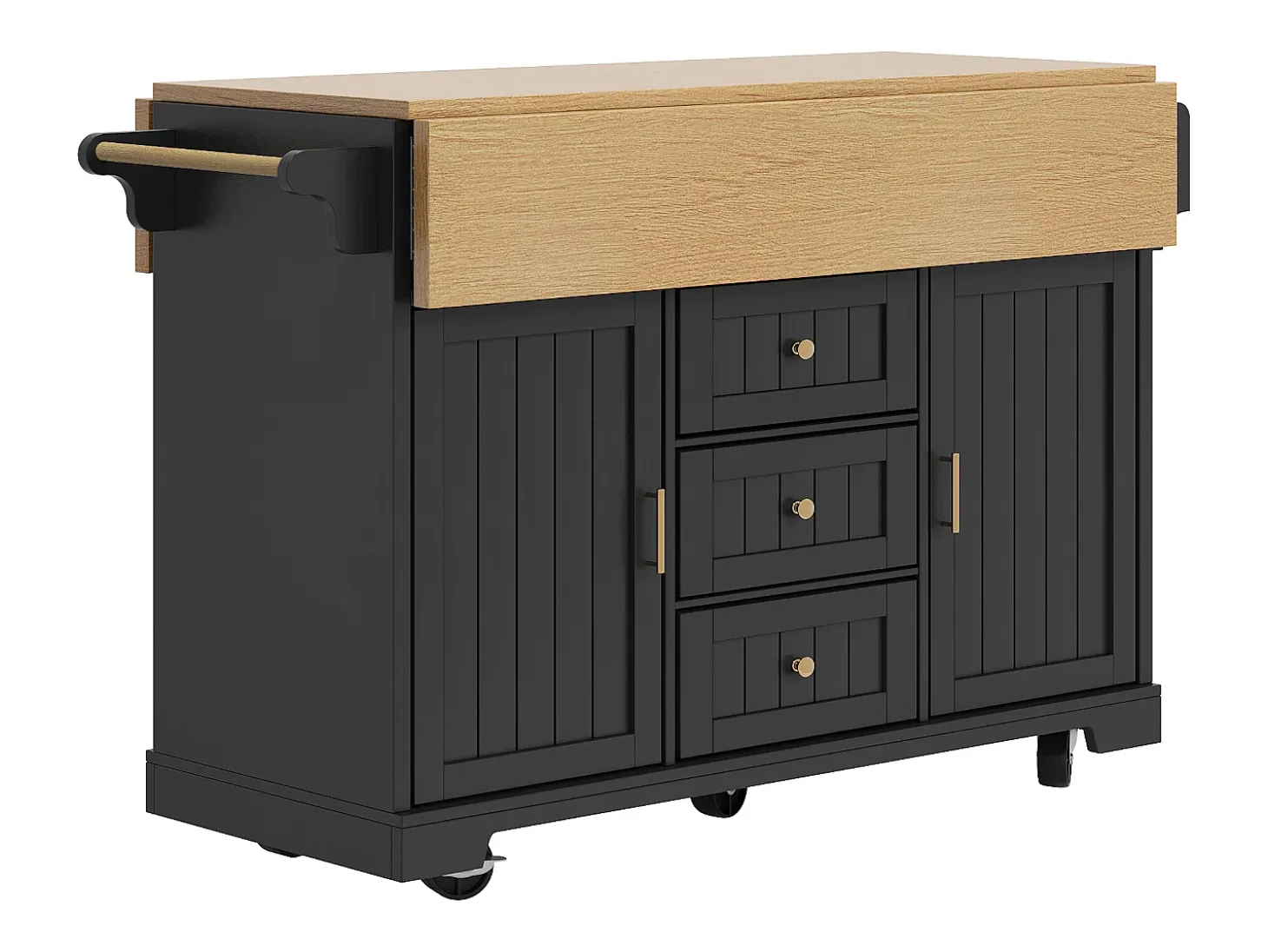 Carrito de cocina negro con tapa abatible - Isla central con 2 puertas y 3 cajones - Toallero y especiero