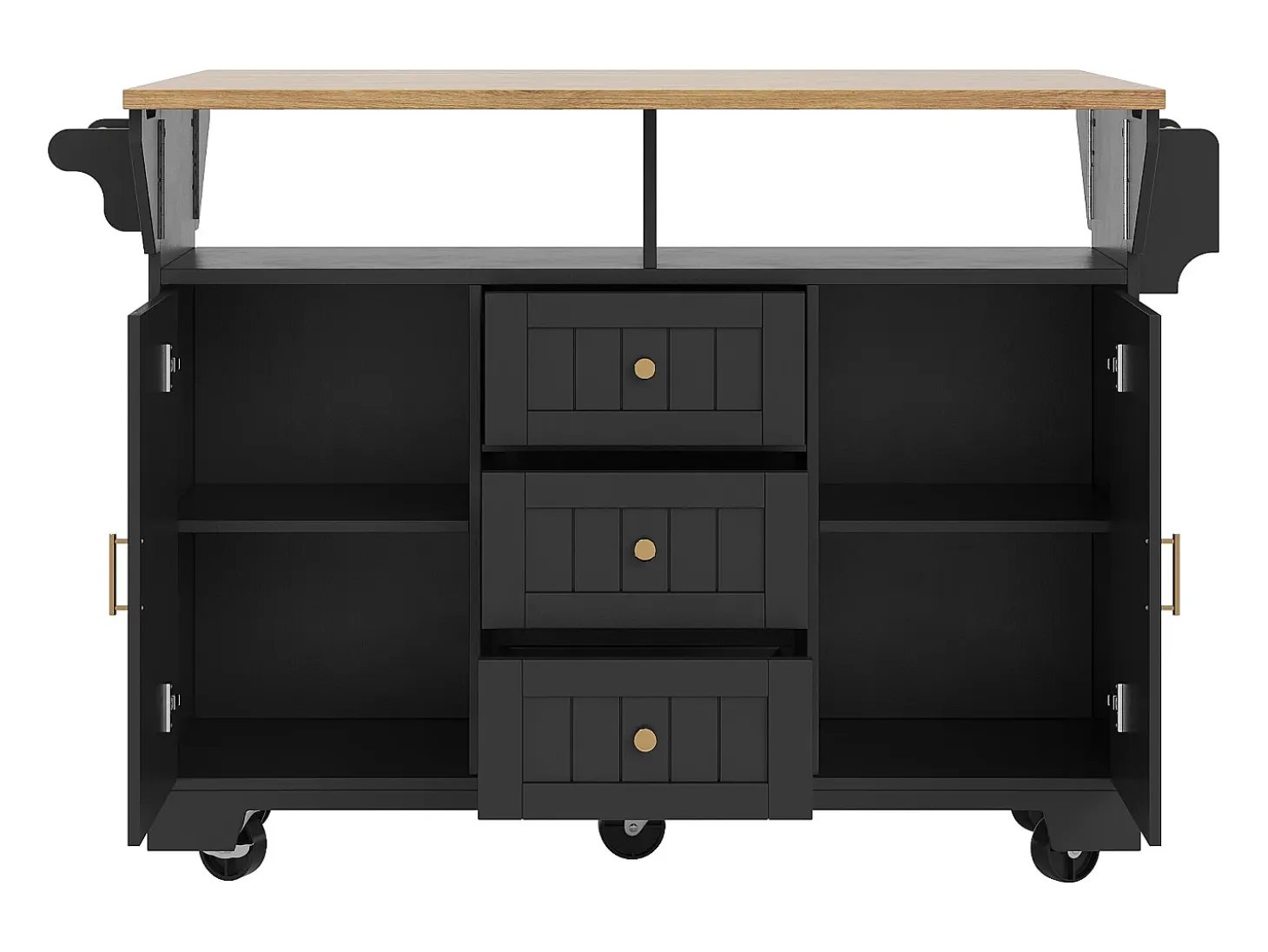Carrito de cocina negro con tapa abatible - Isla central con 2 puertas y 3 cajones - Toallero y especiero