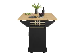 Carrito de cocina negro con tapa abatible - Isla central con 2 puertas y 3 cajones - Toallero y especiero