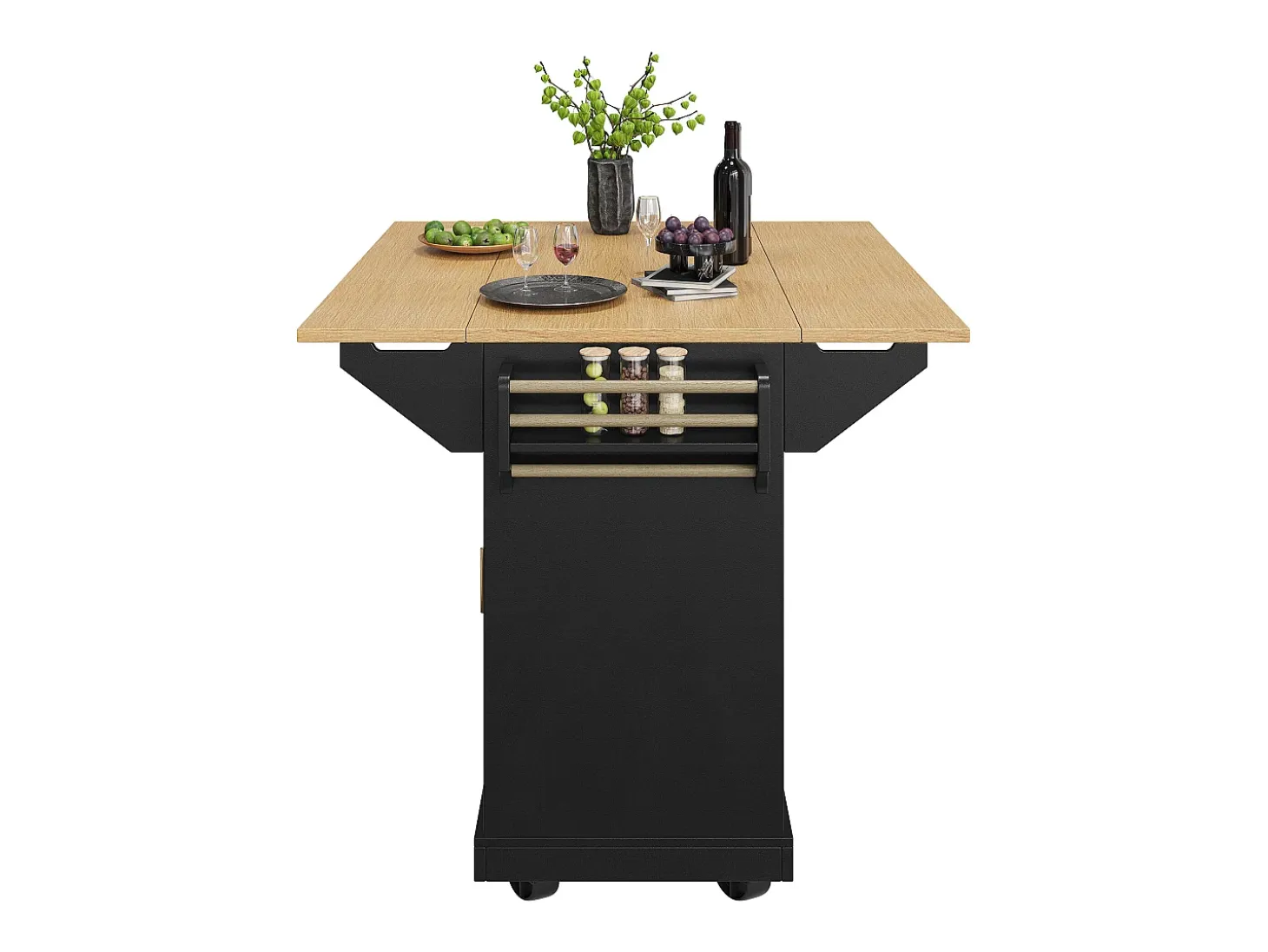 Carrito de cocina negro con tapa abatible - Isla central con 2 puertas y 3 cajones - Toallero y especiero