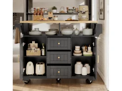 Carrito de cocina negro con 2 puertas, 3 cajones y toallero, especiero, bandeja extensible