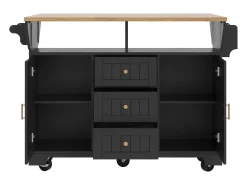 Carrito de cocina negro con 2 puertas, 3 cajones y toallero, especiero, bandeja extensible
