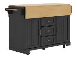 Carrito de cocina negro con 2 puertas, 3 cajones y toallero, especiero, bandeja extensible