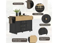 Carrito de cocina negro con 2 puertas, 3 cajones y toallero, especiero, bandeja extensible