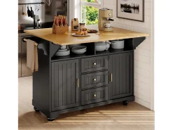 Carrito de cocina negro con 2 puertas, 3 cajones y toallero, especiero, bandeja extensible
