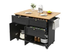 Carrito de cocina negro con encimera plegable de imitación madera y espacio de almacenamiento - para salas de estar y cocinas