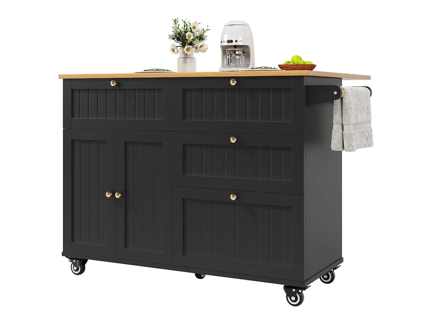 Carrito de cocina negro con encimera plegable de imitación madera y espacio de almacenamiento - para salas de estar y cocinas