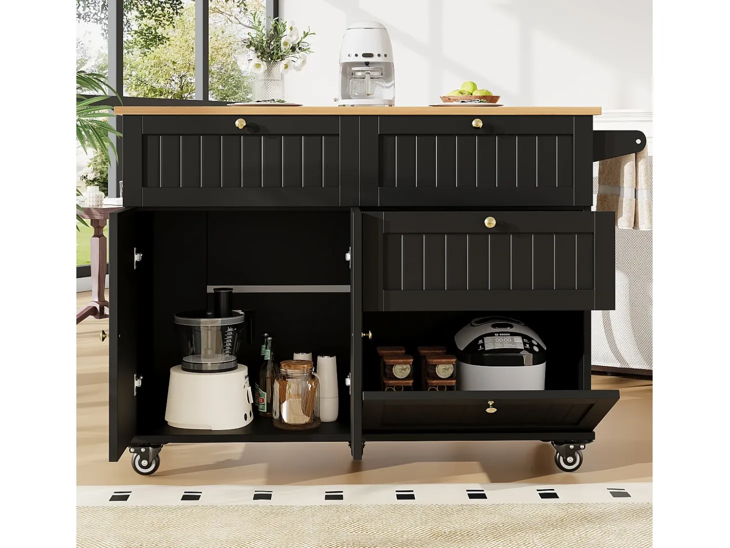 Carrito de cocina negro con encimera plegable de imitación madera y espacio de almacenamiento - para salas de estar y cocinas