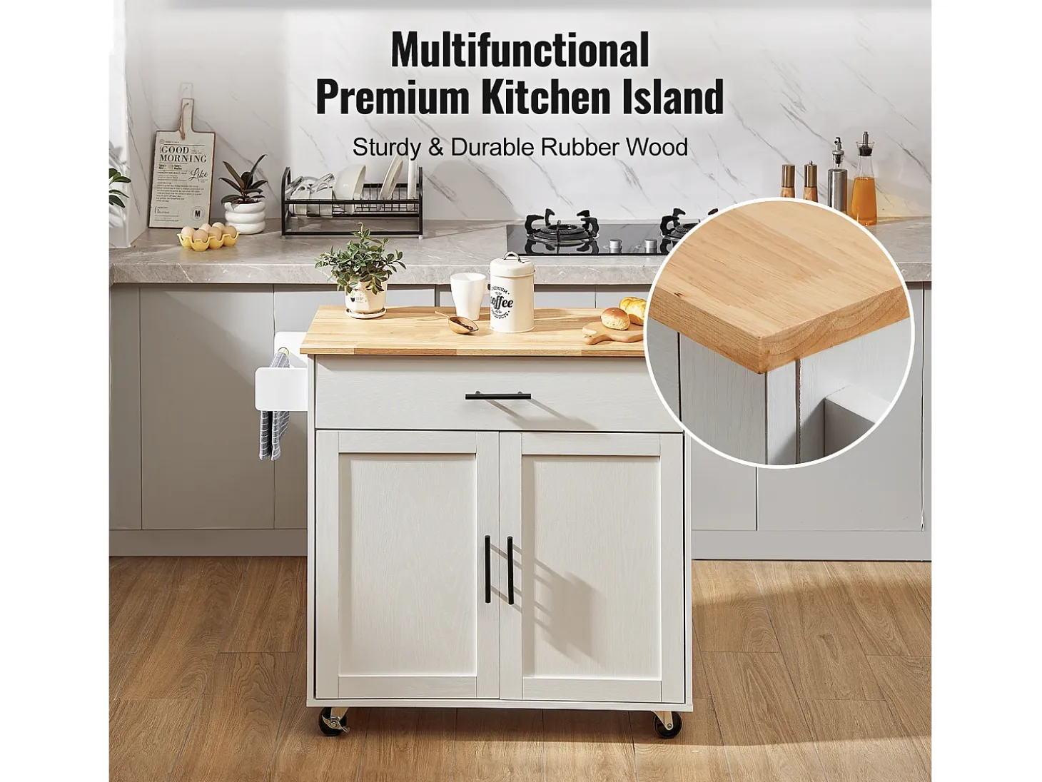 Carrito de Cocina SucceBuy de 89,9 cm, Armario con Ruedas, Cajón y Soporte, Color Blanco