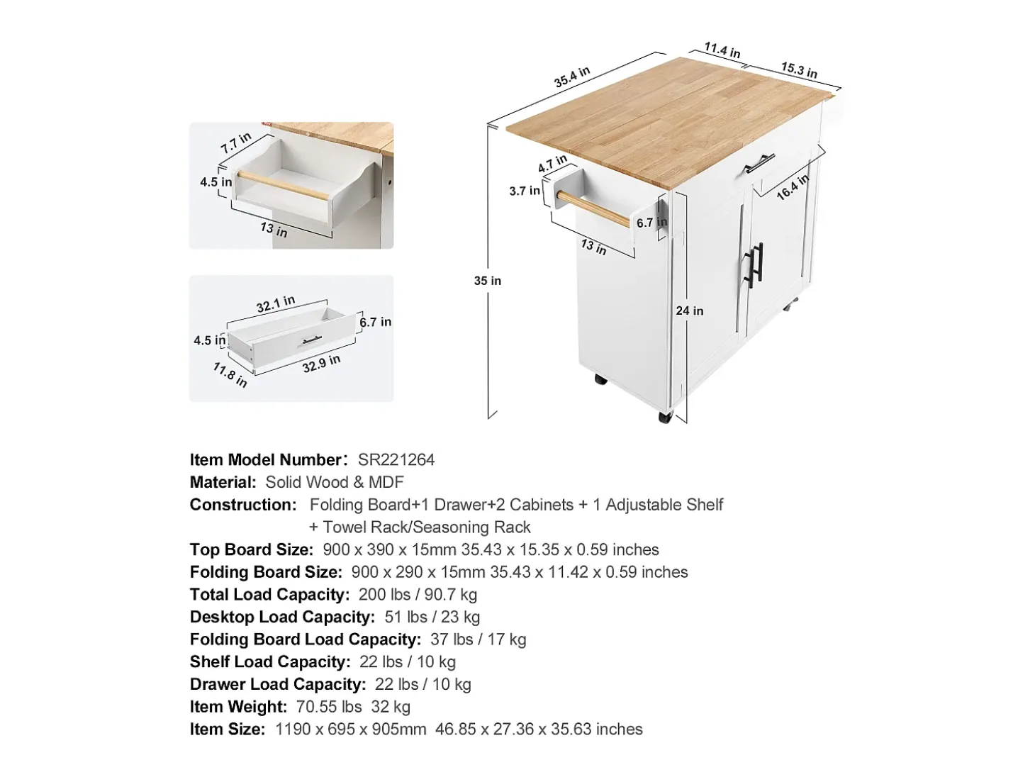 Carrito de Cocina SucceBuy de 89,9 cm, Armario con Ruedas, Cajón y Soporte, Color Blanco
