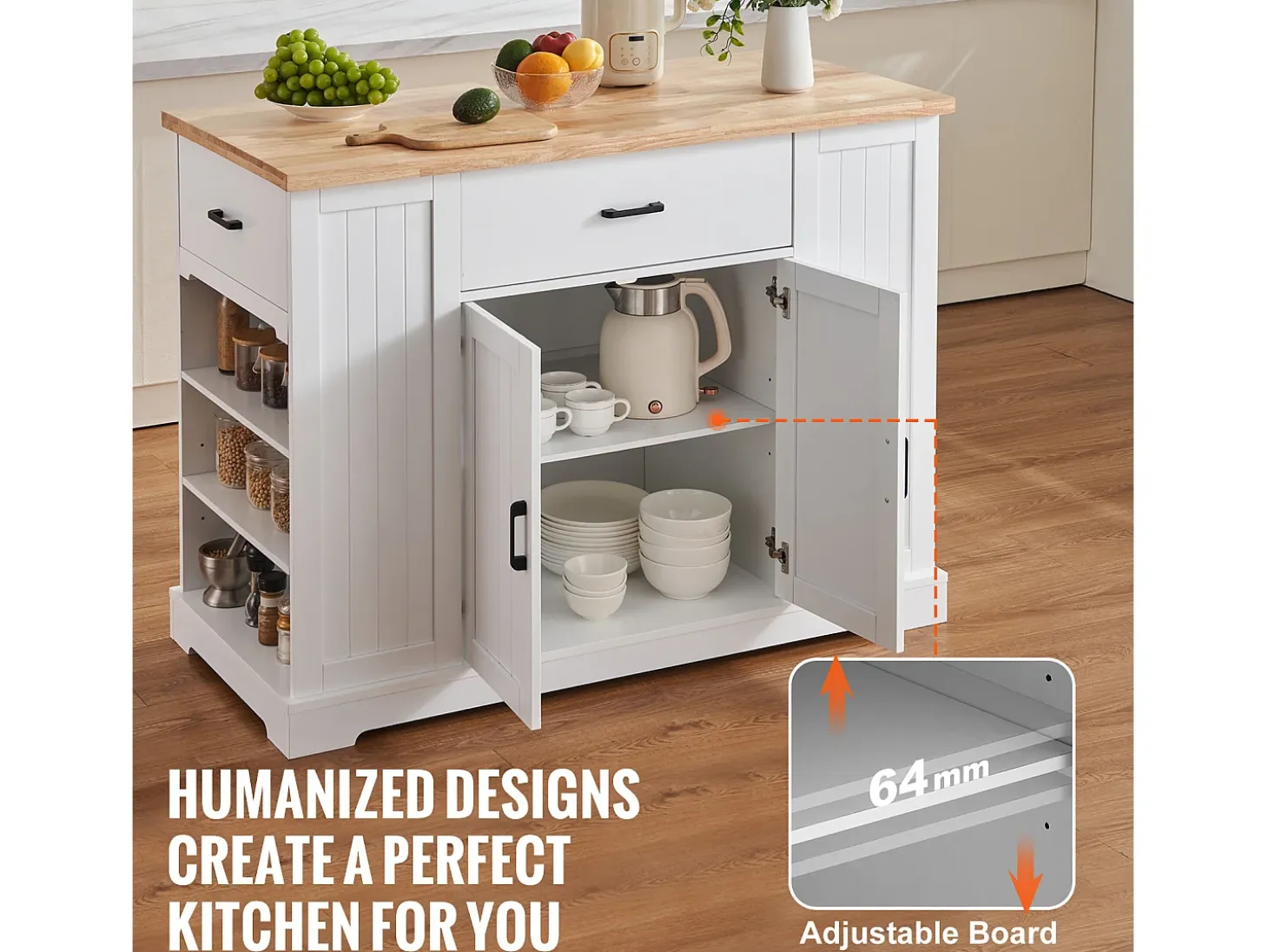 Carrito de Cocina SucceBuy con Isla, Armario de Almacenamiento con Cajón y Estantes, Color Blanco