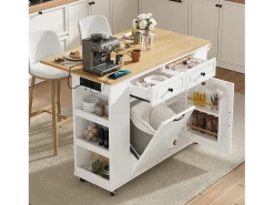Carrito de cocina 100x40x91,5 con mesa de comedor extensible, papeleras y toallero en color blanco para cocina y comedor