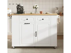 Carrito de cocina 100x40x91,5 con mesa de comedor extensible, papeleras y toallero en color blanco para cocina y comedor