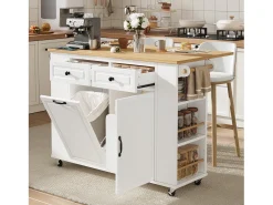 Carrito de cocina 100x40x91,5 con mesa de comedor extensible, papeleras y toallero en color blanco para cocina y comedor
