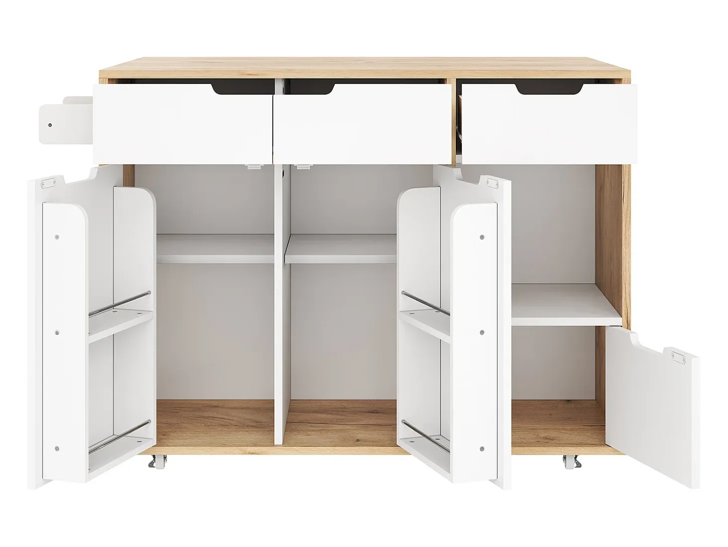 Carrito de cocina 120x46x85cm con ruedas giratorias 360°, cajones, puertas de armario y compartimentos abiertos en color blanco para cocina y salón