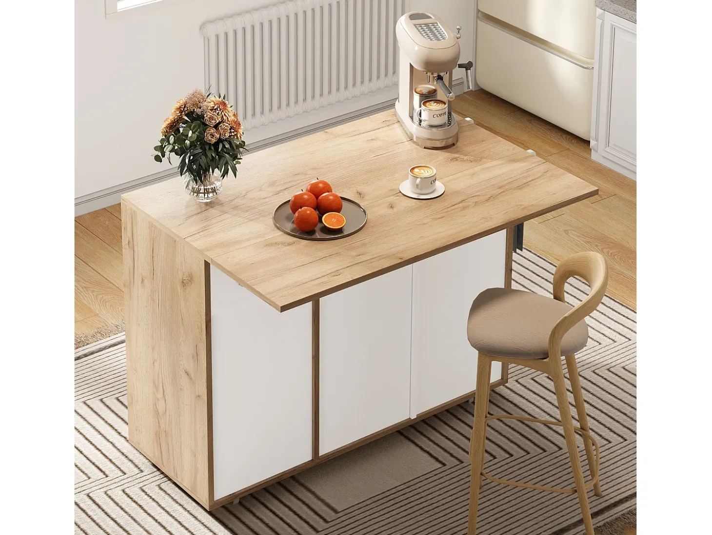 Carrito de cocina 120x46x85cm con ruedas giratorias 360°, cajones, puertas de armario y compartimentos abiertos en color blanco para cocina y salón