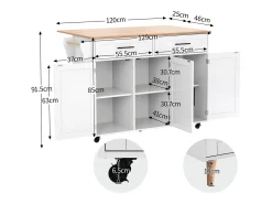 Carrito de comedor con tablero plegable, 5 ruedas, color blanco