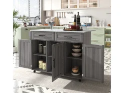 Carrito de comedor/aparador blanco y gris caqui con tapa plegable, 5 ruedas, espacio de almacenamiento y 2 cajones