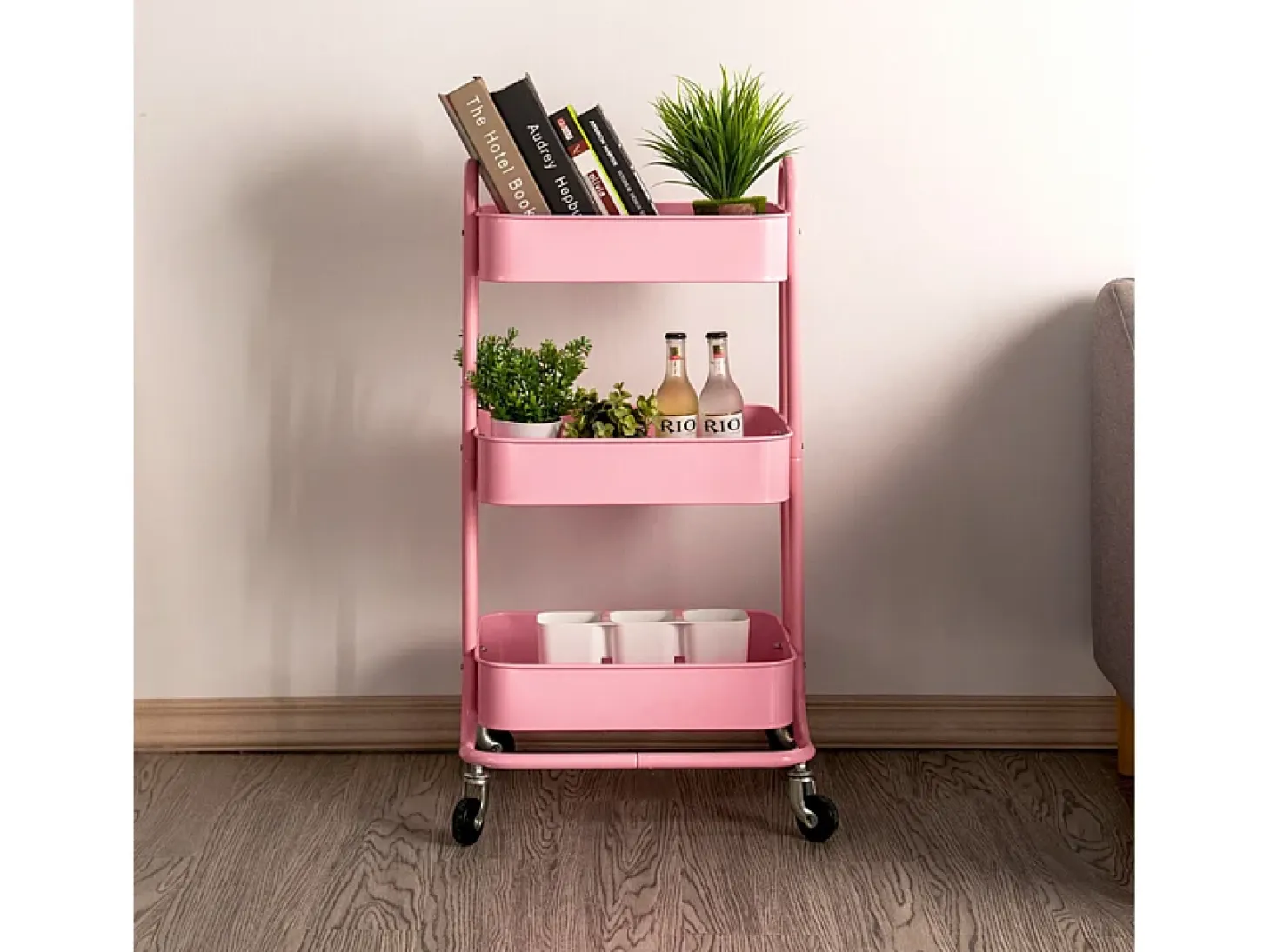 Carrito de comida metálico de 3 estantes con ruedas Sall - Rosa