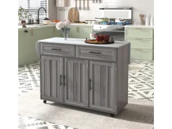 Carrito de comida/aparador, 129x46x91,5cm, mármol blanco, gris caqui, extensible, ruedas