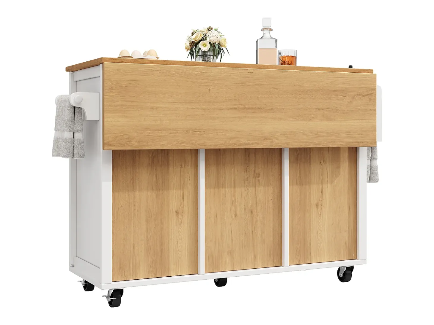 Carrito de servicio blanco - Carrito de servicio con 4 cajones y 2 puertas - Bandeja retráctil y especiero - para comedores y cocinas