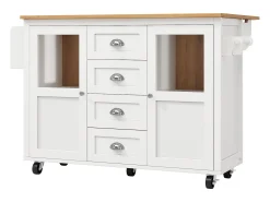 Carrito de servicio blanco - Carrito de servicio con 4 cajones y 2 puertas - Bandeja retráctil y especiero - para comedores y cocinas