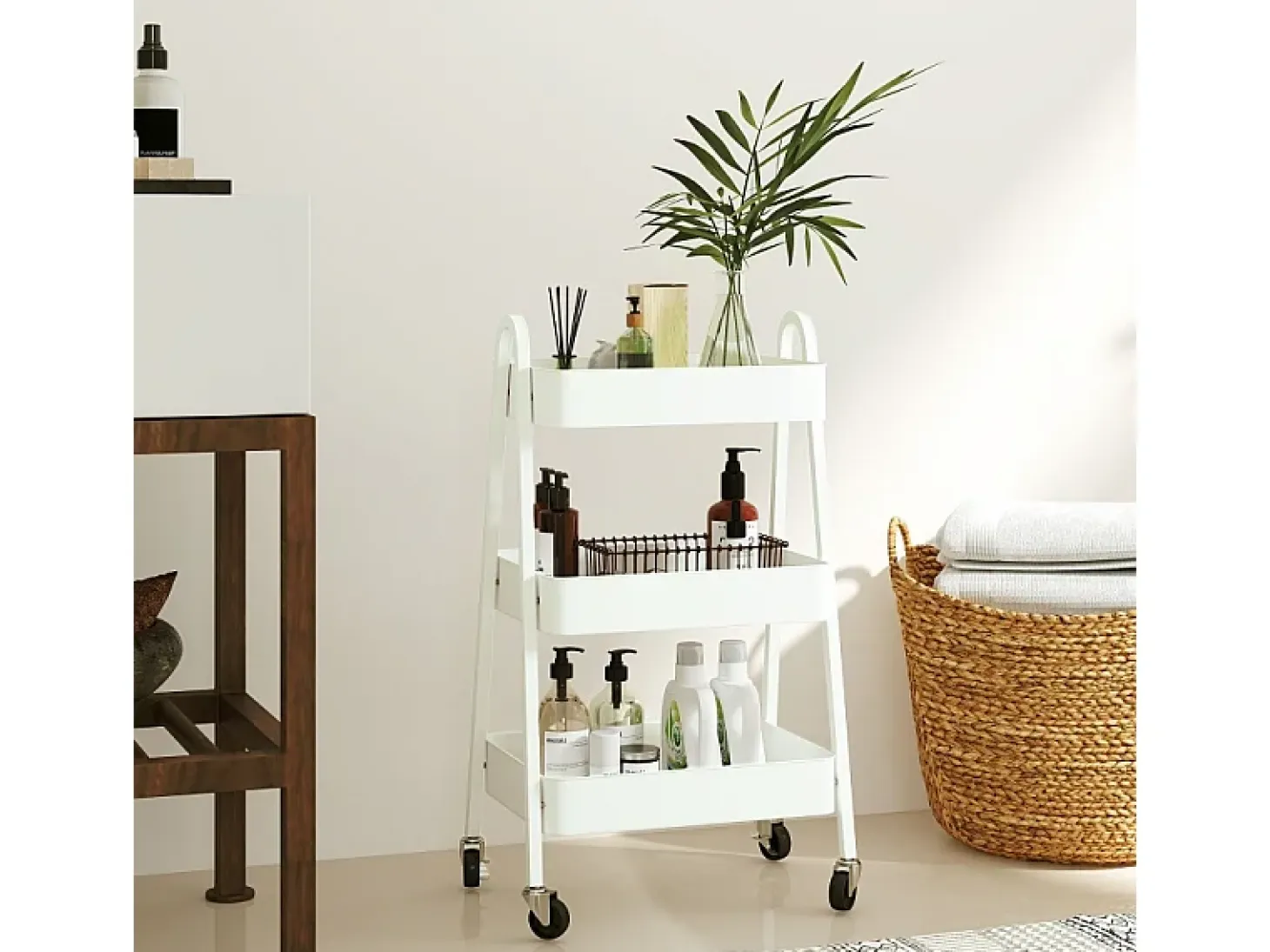 Carrito de servicio con 3 estantes, ruedas, metal, blanco (42,4x29,8x74,5 cm)