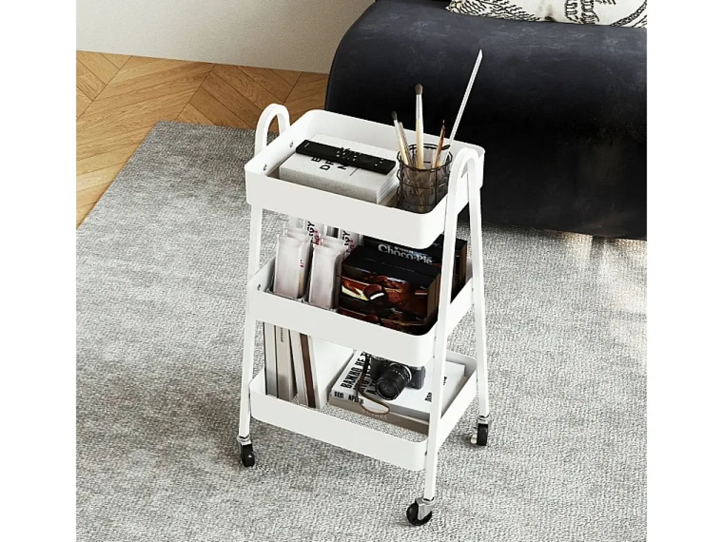 Carrito de servicio con 3 estantes, ruedas, metal, blanco (42,4x29,8x74,5 cm)