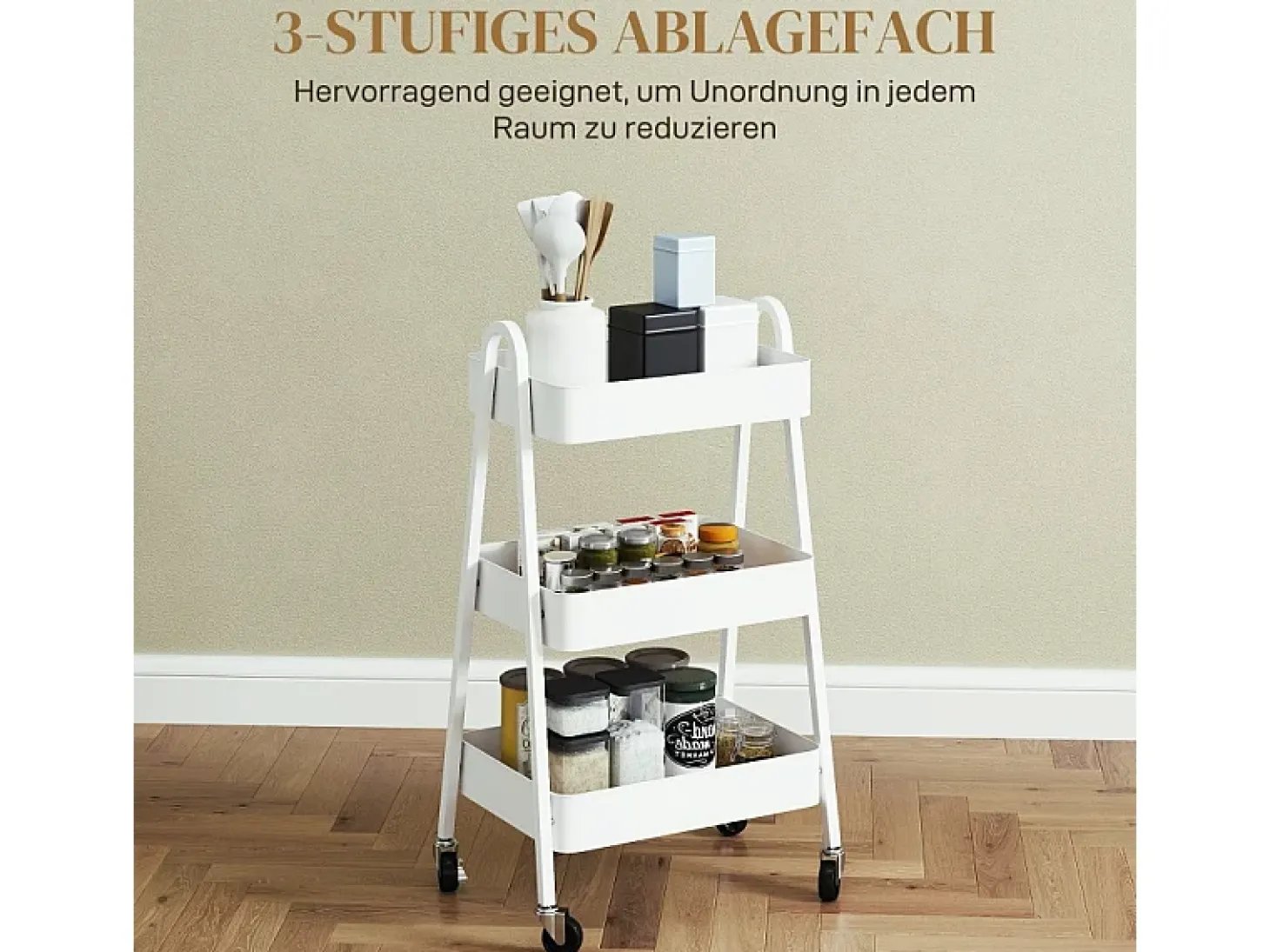 Carrito de servicio con 3 estantes, ruedas, metal, blanco (42,4x29,8x74,5 cm)