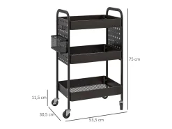 Carrito de servicio de 3 niveles, 2 cestas colgantes, con asas, en acero negro (53,5x30,5x75 cm)