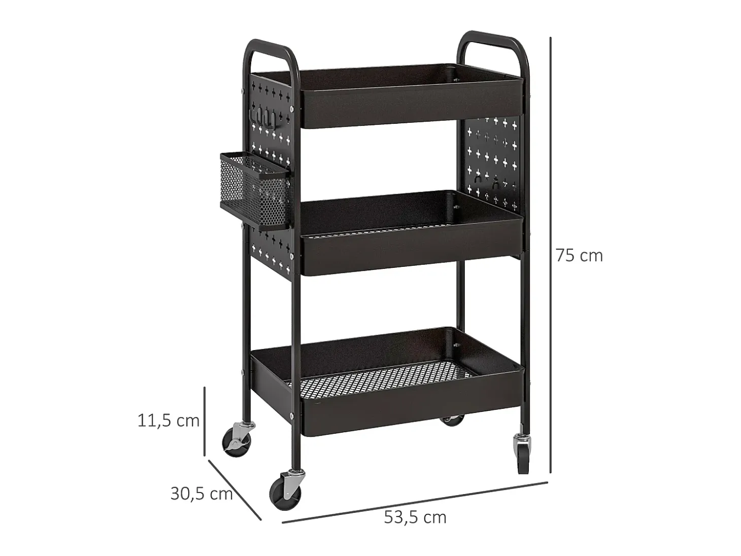 Carrito de servicio de 3 niveles, 2 cestas colgantes, con asas, en acero negro (53,5x30,5x75 cm)