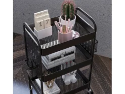 Carrito de servicio de 3 niveles, 2 cestas colgantes, con asas, en acero negro (53,5x30,5x75 cm)