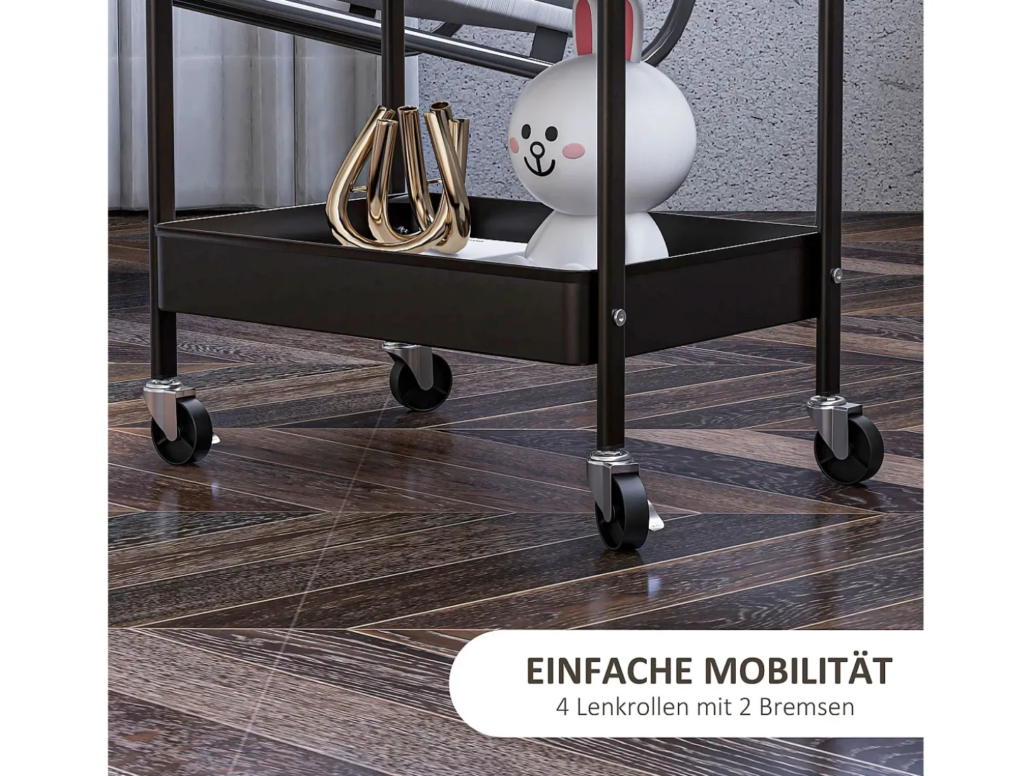 Carrito de servicio de 3 niveles, 2 cestas colgantes, con asas, en acero negro (53,5x30,5x75 cm)