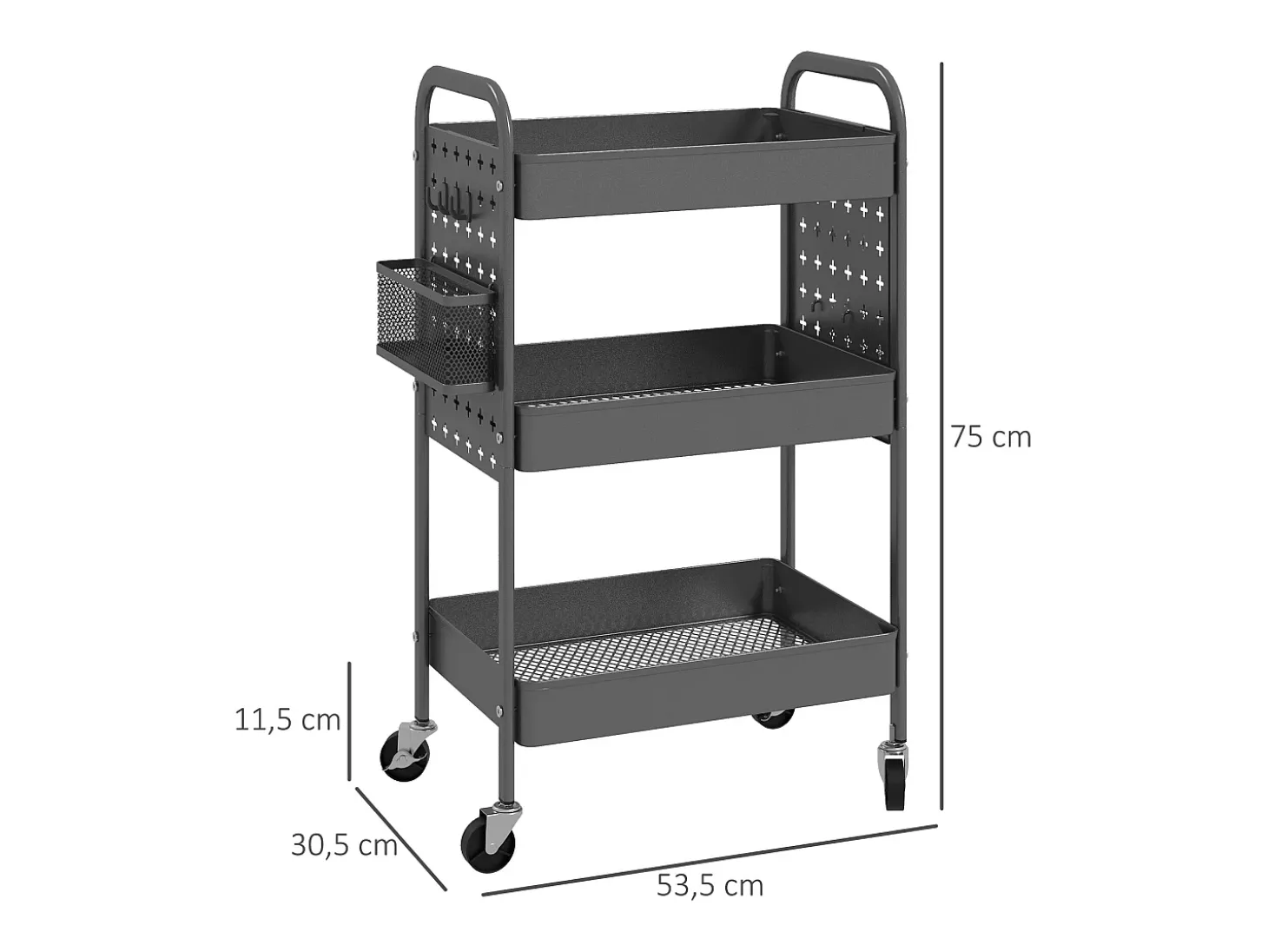 Carrito de servicio de 3 niveles con 2 cestas colgantes, acero, gris oscuro (53,5x30,5x75 cm)