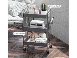 Carrito de servicio de 3 niveles con 2 cestas colgantes, acero, gris oscuro (53,5x30,5x75 cm)