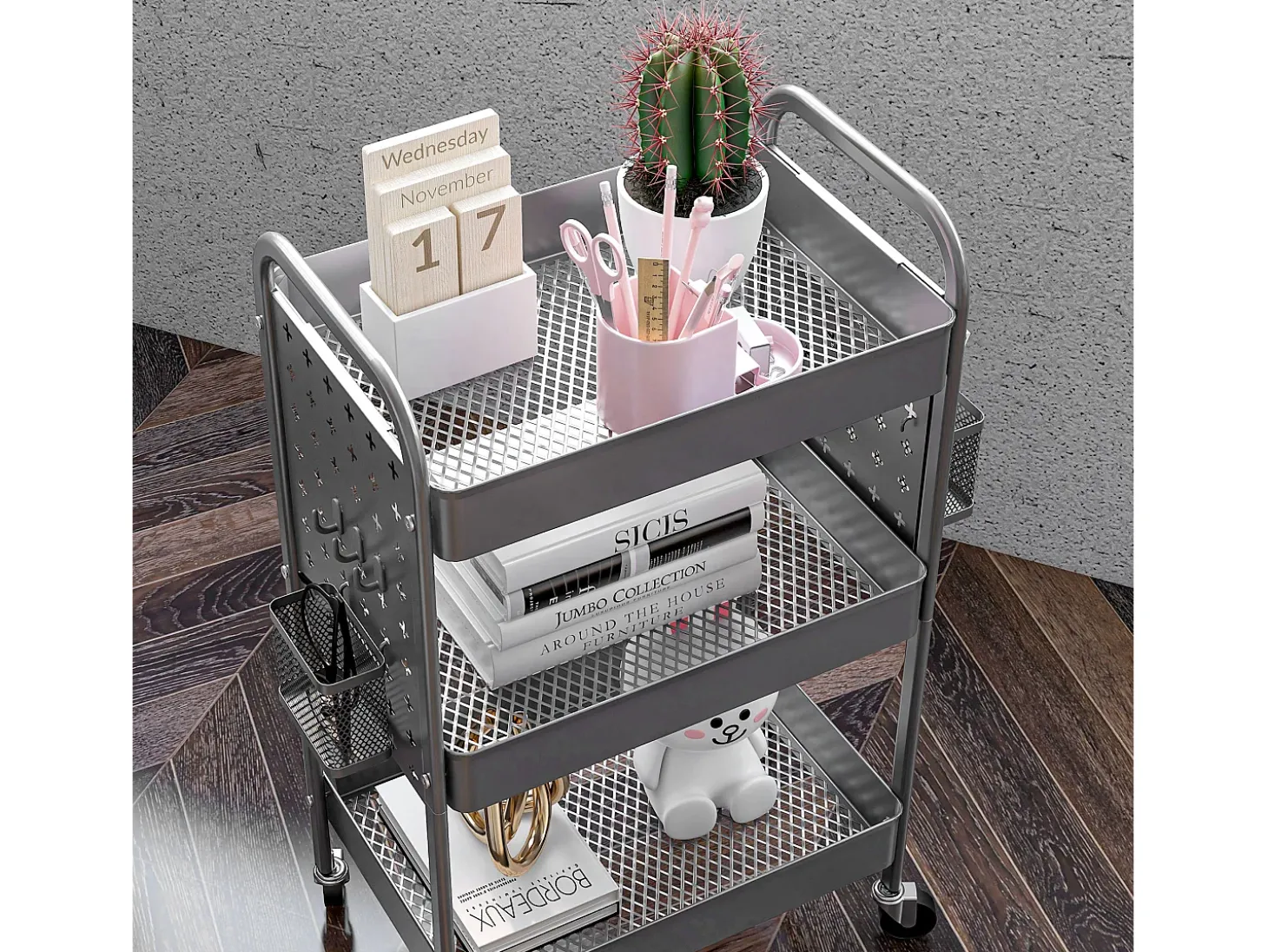 Carrito de servicio de 3 niveles con 2 cestas colgantes, acero, gris oscuro (53,5x30,5x75 cm)