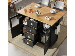 Carrito de servicio negro - Carrito de servicio con 4 cajones y 2 puertas - Bandeja retráctil y especiero - para comedores y cocinas